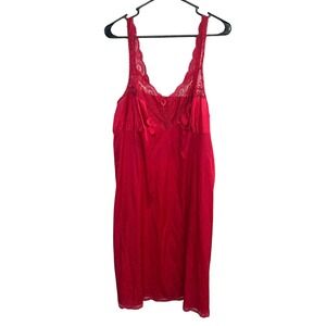 VTG Red Satin Lace Trim Slip Dress L Full Length Romantic‎ Valentine Lingerie